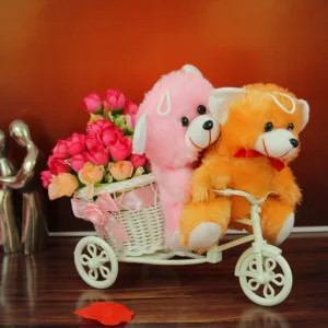 Decorative Cycle Flower Vase with Artificial Flowers Bunch and Teddy